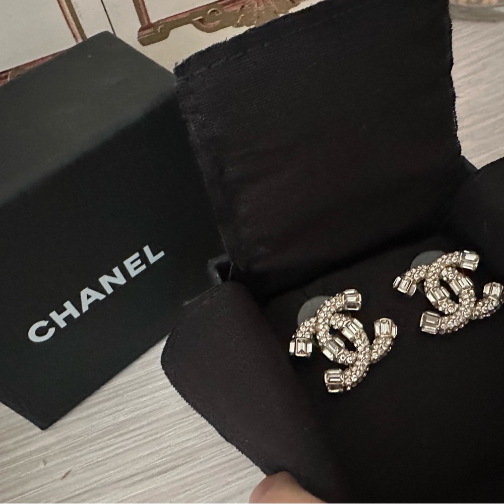 CHANEL Silver and Crystal Logo Earrings